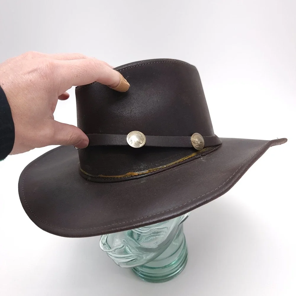 Henschel Hat Co. Brown Leather Western Buffalo Nickel Coin Banded Hat‎ Sz M